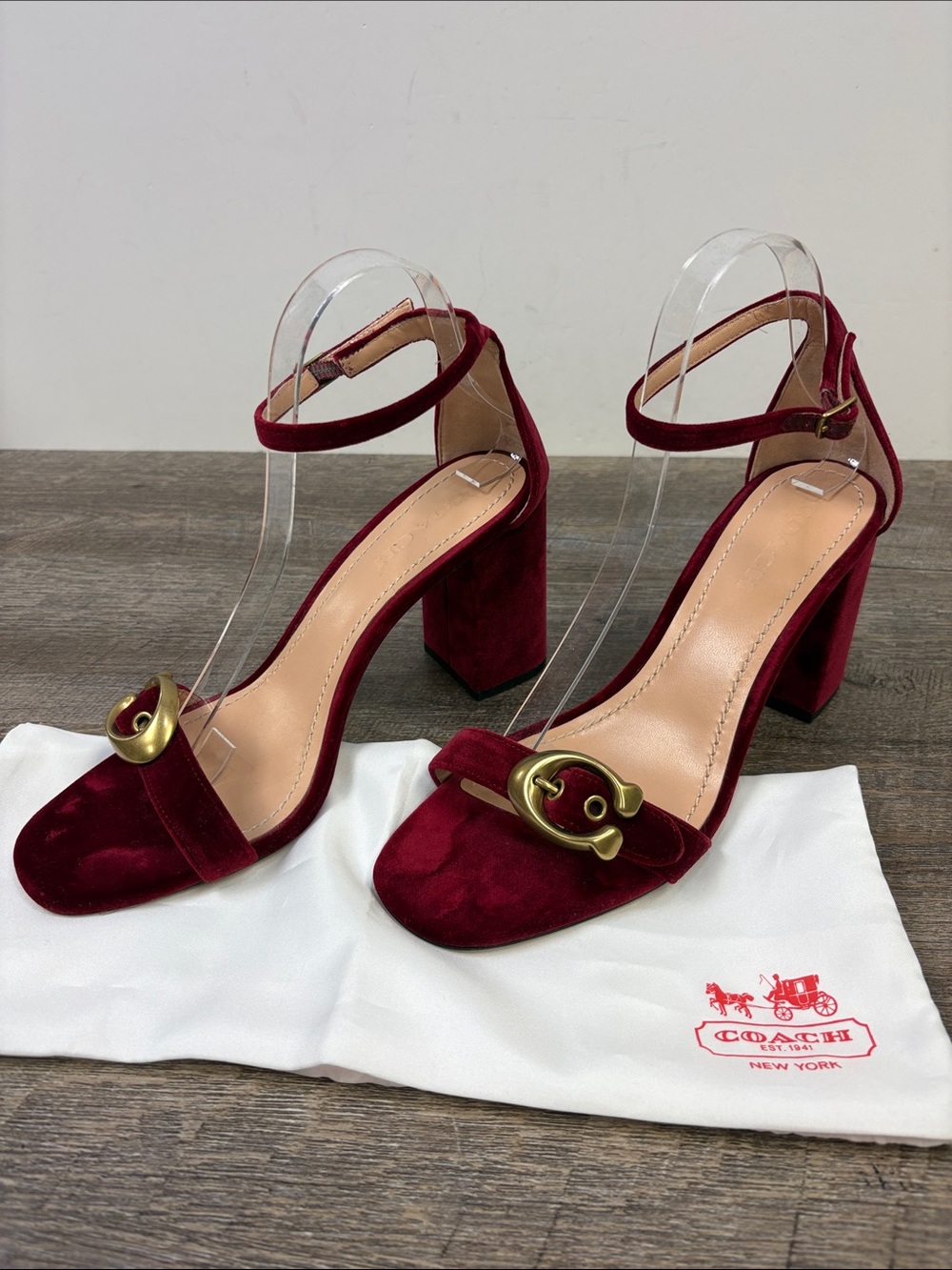 Coach Tabby Burgundy Velvet Signature C Buckle Block Heel Sandals Size 9.5